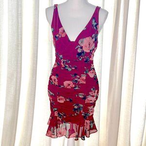 Lulu's Cherry Red Floral Sexy Shirred Dress, Size S